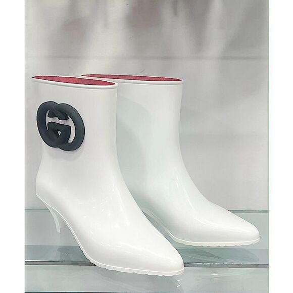 Gucci Women's Rubber ankle Rain Boot with Interlocking G White Black 37 - Picture 6 of 10